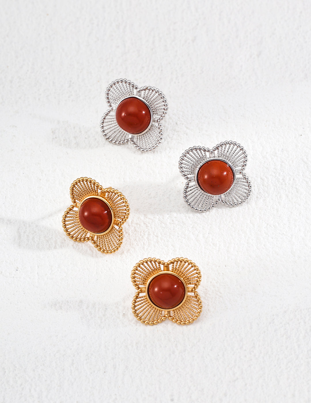 Vintage Red Agate Four-Leaf Clover Earrings, red agate earrings, four leaf clover earrings, S925 silver gemstone earrings, lucky charm earrings, vintage style earrings for women