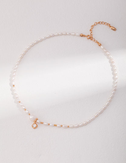 Natural Pearl & Zircon Pendant Necklace, natural pearl pendant necklace, zircon pendant necklace, S925 sterling silver necklace, adjustable length necklace, minimalist pearl jewelry