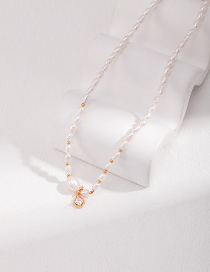 Natural Pearl & Zircon Pendant Necklace, natural pearl pendant necklace, zircon pendant necklace, S925 sterling silver necklace, adjustable length necklace, minimalist pearl jewelry