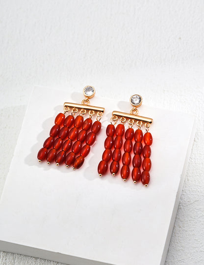 Red Agate Beaded Earrings, red agate earrings, beaded gemstone earrings, S925 sterling silver earrings, natural red agate jewelry, minimalist beaded earrings