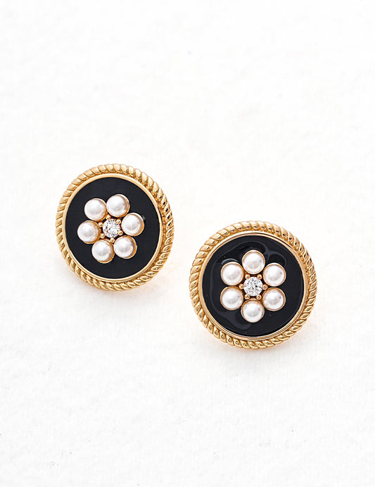 enamel earrings, cubic zirconia earrings, S925 sterling silver earrings, imitation pearl earrings, elegant minimalist earrings, Enamel & Cubic Zirconia Earrings