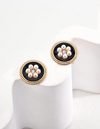 enamel earrings, cubic zirconia earrings, S925 sterling silver earrings, imitation pearl earrings, elegant minimalist earrings, Enamel & Cubic Zirconia Earrings