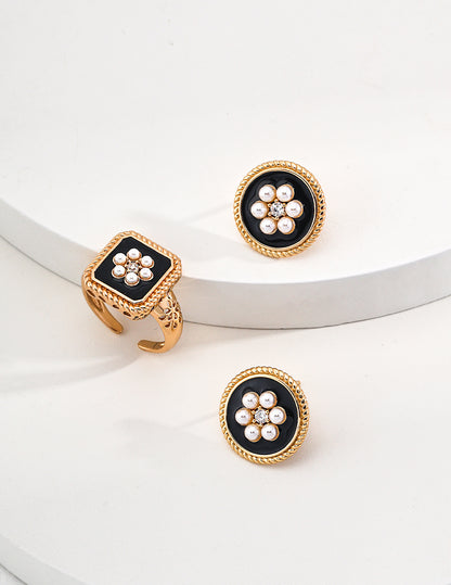 enamel earrings, cubic zirconia earrings, S925 sterling silver earrings, imitation pearl earrings, elegant minimalist earrings, Enamel & Cubic Zirconia Earrings