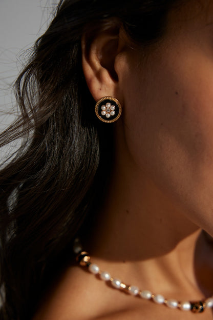 enamel earrings, cubic zirconia earrings, S925 sterling silver earrings, imitation pearl earrings, elegant minimalist earrings, Enamel & Cubic Zirconia Earrings