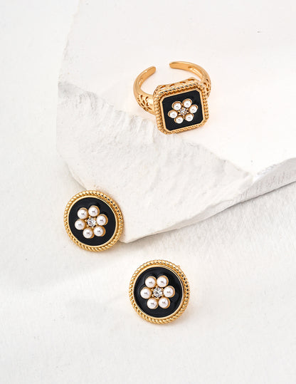 enamel earrings, cubic zirconia earrings, S925 sterling silver earrings, imitation pearl earrings, elegant minimalist earrings, Enamel & Cubic Zirconia Earrings