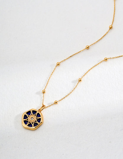 Lapis Lazuli Zodiac Necklace, lapis lazuli necklace, zodiac astrolabe necklace, celestial jewelry, S925 sterling silver necklace, vintage gold zodiac necklace