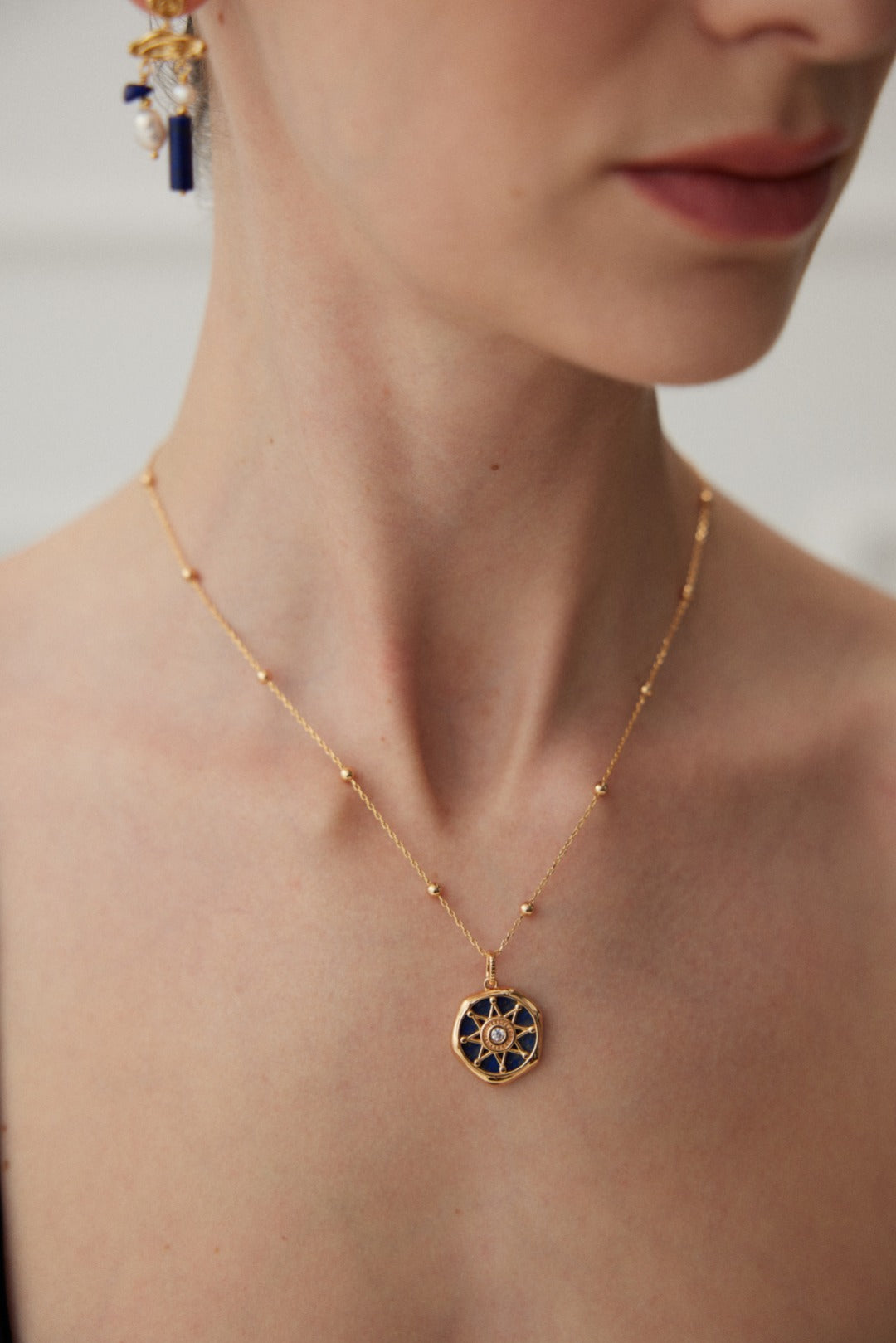 Lapis Lazuli Zodiac Necklace, lapis lazuli necklace, zodiac astrolabe necklace, celestial jewelry, S925 sterling silver necklace, vintage gold zodiac necklace