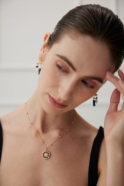 Lapis Lazuli Zodiac Necklace, lapis lazuli necklace, zodiac astrolabe necklace, celestial jewelry, S925 sterling silver necklace, vintage gold zodiac necklace
