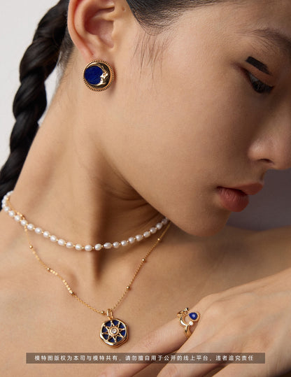 Lapis Lazuli Zodiac Necklace, lapis lazuli necklace, zodiac astrolabe necklace, celestial jewelry, S925 sterling silver necklace, vintage gold zodiac necklace