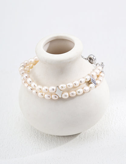 double layer pearl bracelet, double layer pearl bracelet,S925 pearl bracelet, natural pearl jewelry, French inspired bracelet, vintage pearl jewelry, sterling silver pearl bracelet, elegant layered bracelet