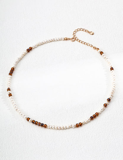 Natural Pearl & Czech Glass Bead Necklace, natural pearl necklace, Czech glass bead necklace, S925 sterling silver necklace, vintage gold bead necklace, minimalist pearl jewelry