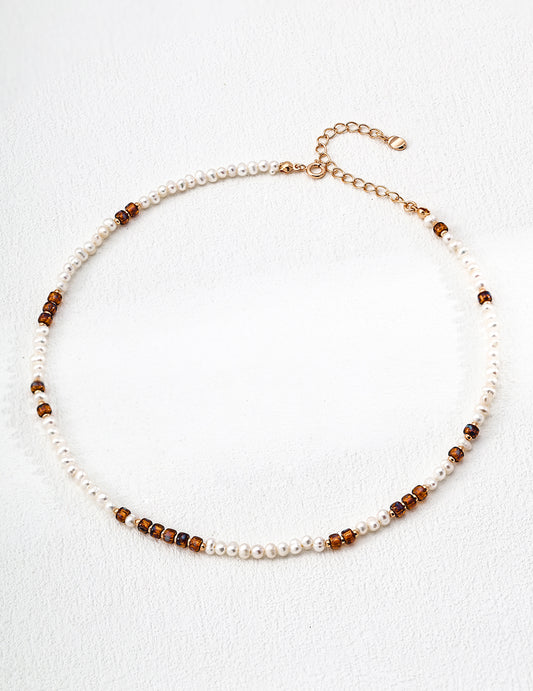 Natural Pearl & Czech Glass Bead Necklace, natural pearl necklace, Czech glass bead necklace, S925 sterling silver necklace, vintage gold bead necklace, minimalist pearl jewelry