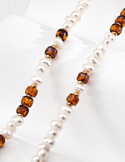 Natural Pearl & Czech Glass Bead Necklace, natural pearl necklace, Czech glass bead necklace, S925 sterling silver necklace, vintage gold bead necklace, minimalist pearl jewelry