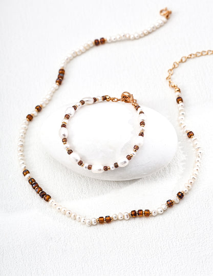 Natural Pearl & Czech Glass Bead Necklace, natural pearl necklace, Czech glass bead necklace, S925 sterling silver necklace, vintage gold bead necklace, minimalist pearl jewelry