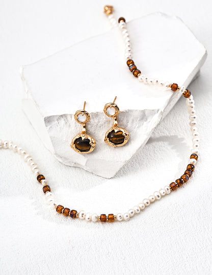 Natural Pearl & Czech Glass Bead Necklace, natural pearl necklace, Czech glass bead necklace, S925 sterling silver necklace, vintage gold bead necklace, minimalist pearl jewelry