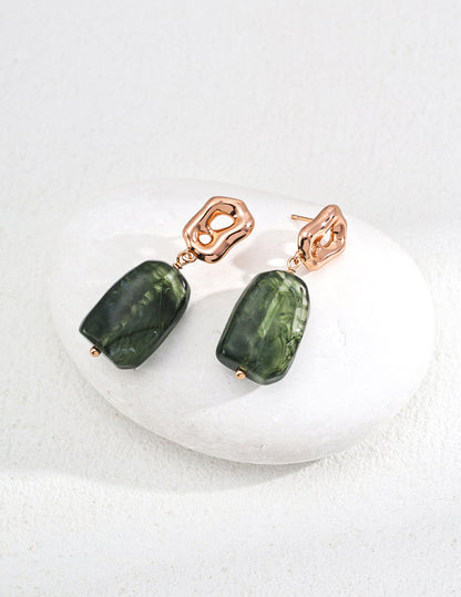 Minimalist Amber-Inspired Earrings, green amber inspired earrings, S925 silver earrings, vintage gold earrings, minimalist gemstone earrings, nature inspired jewelry