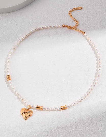 18K Gold Heart Pearl Necklace, S925 Silver Heart Pearl Necklace, heart pearl necklace, sterling silver heart necklace, pearl necklace for women, romantic jewelry gift, vintage style necklace