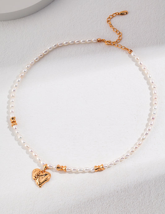 18K Gold Heart Pearl Necklace, S925 Silver Heart Pearl Necklace, heart pearl necklace, sterling silver heart necklace, pearl necklace for women, romantic jewelry gift, vintage style necklace