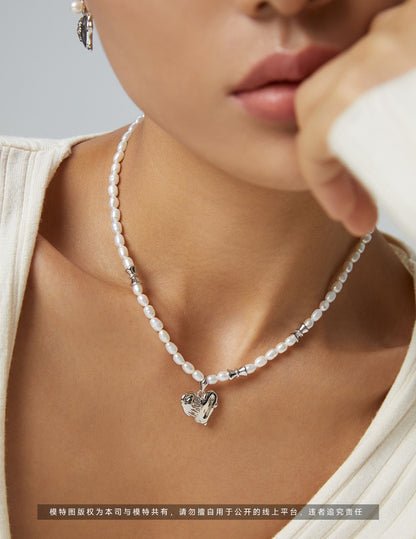 18K Gold Heart Pearl Necklace, S925 Silver Heart Pearl Necklace, heart pearl necklace, sterling silver heart necklace, pearl necklace for women, romantic jewelry gift, vintage style necklace