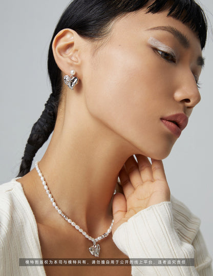 18K Gold Heart Pearl Necklace, S925 Silver Heart Pearl Necklace, heart pearl necklace, sterling silver heart necklace, pearl necklace for women, romantic jewelry gift, vintage style necklace
