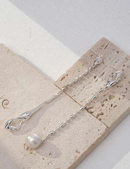 baroque pearl earrings, S925 silver pearl earrings, baroque pearl jewelry, flowing elegance earrings, asymmetric AB design earrings, artisan silver earrings
