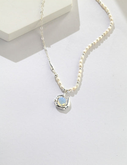 Natural Opal & Pearl Necklace, opal pearl necklace, sterling silver opal necklace, handcrafted silver necklace, artistic jewelry for women, nature inspired jewelry