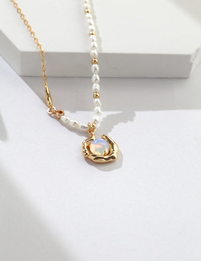 Natural Opal & Pearl Necklace, opal pearl necklace, sterling silver opal necklace, handcrafted silver necklace, artistic jewelry for women, nature inspired jewelry