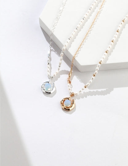 Natural Opal & Pearl Necklace, opal pearl necklace, sterling silver opal necklace, handcrafted silver necklace, artistic jewelry for women, nature inspired jewelry