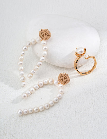 S925 Silver Vintage Gold Pearl Earrings, French style pearl earrings, vintage gold pearl earrings, sterling silver pearl earrings, French elegant jewelry, pearl earrings for women