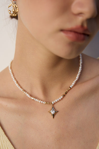 Zircon Pendant Pearl Necklace, pearl pendant necklace, sterling silver pearl necklace, zircon pearl necklace, elegant necklace for women, timeless jewelry gift