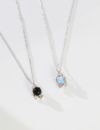 Agate & Opal Necklace, Agate Opal Pearl Necklace, pearl gemstone necklace, sterling silver pearl necklace, fluid oval pendant necklace, natural pearl jewelry, artistic silver necklace