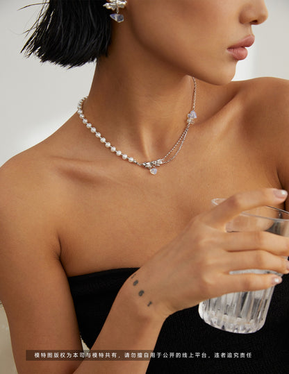Pearl & Opal Necklace, irregular pearl necklace, opal pendant necklace, sterling silver pearl necklace, nature inspired jewelry, artistic silver necklace, modern pearl opal necklace