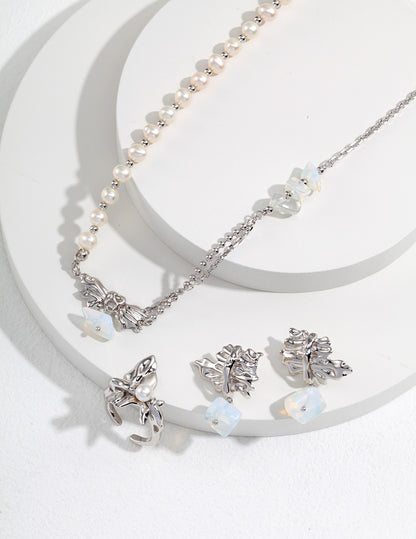 Pearl & Opal Necklace, irregular pearl necklace, opal pendant necklace, sterling silver pearl necklace, nature inspired jewelry, artistic silver necklace, modern pearl opal necklace