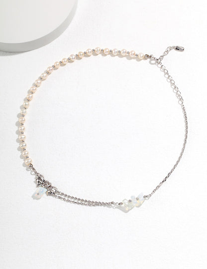 Pearl & Opal Necklace, irregular pearl necklace, opal pendant necklace, sterling silver pearl necklace, nature inspired jewelry, artistic silver necklace, modern pearl opal necklace