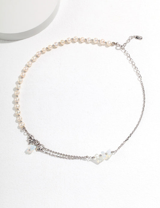 Pearl & Opal Necklace, irregular pearl necklace, opal pendant necklace, sterling silver pearl necklace, nature inspired jewelry, artistic silver necklace, modern pearl opal necklace