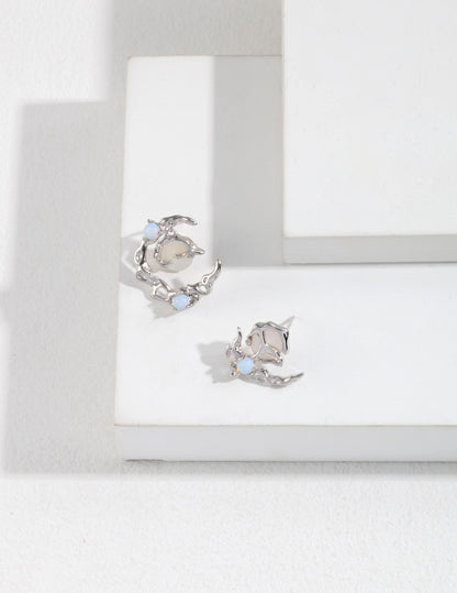 Mother of Pearl & Opal Earrings, Mother of Pearl Opal Earrings, asymmetric pearl earrings, opal drop earrings, sterling silver pearl earrings, mother of pearl earrings, artistic asymmetrical earrings, modern pearl jewelry