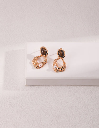 Tiger’s Eye & Pearl Earrings, tiger’s eye pearl earrings, S925 tiger eye earrings, vintage gold pearl earrings, gemstone artistic earrings, tiger’s eye pearl earrings, vintage gold earrings, S925 silver gemstone earrings , natural pearl jewelry, artistic earrings design, bold gemstone earrings, elegant gold tone jewelry