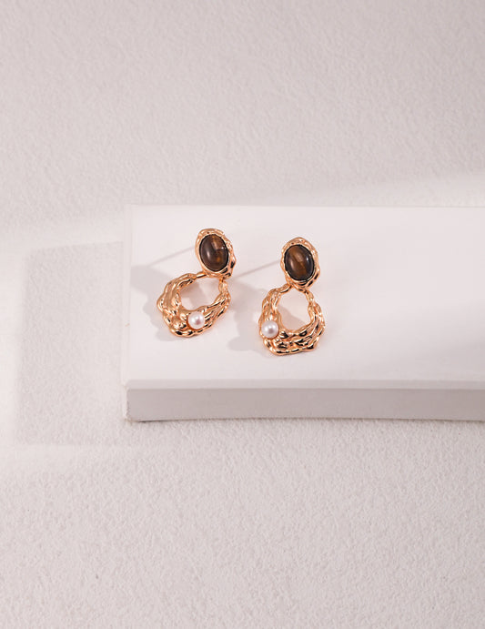 Tiger’s Eye & Pearl Earrings, tiger’s eye pearl earrings, S925 tiger eye earrings, vintage gold pearl earrings, gemstone artistic earrings, tiger’s eye pearl earrings, vintage gold earrings, S925 silver gemstone earrings , natural pearl jewelry, artistic earrings design, bold gemstone earrings, elegant gold tone jewelry