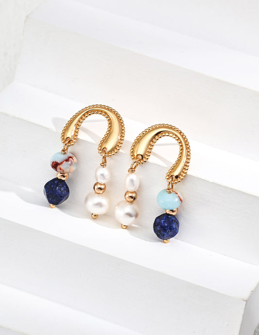 S925 Silver Natural Pearl Lapis Lazuli & Gemstone Earrings