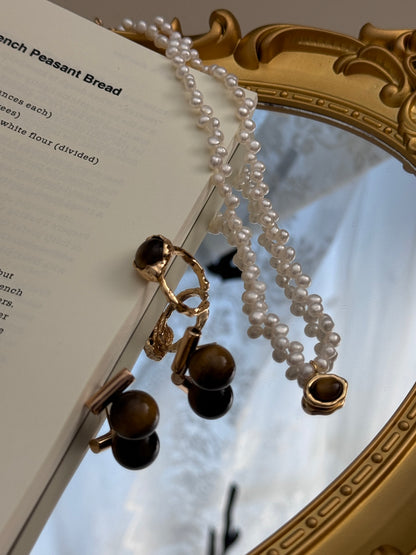 Natural Pearl & Tiger’s Eye Gemstones Necklace, tiger’s eye necklace, natural pearl necklace, gemstone necklace S925, vintage gemstone jewelry, tiger eye pearl jewelry, protective stone necklace