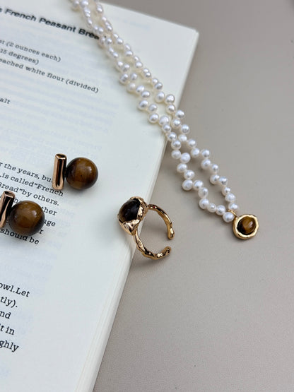 Natural Pearl & Tiger’s Eye Gemstones Necklace, tiger’s eye necklace, natural pearl necklace, gemstone necklace S925, vintage gemstone jewelry, tiger eye pearl jewelry, protective stone necklace