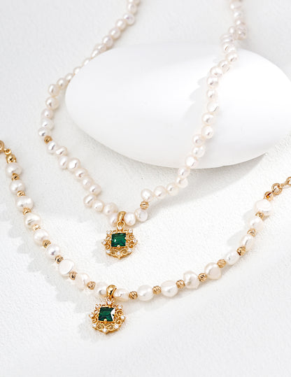 Green Zircon & Natural Pearl Necklace, green zircon necklace, natural pearl necklace, S925 silver pearl jewelry, elegant gemstone necklace, French style jewelry, pearl pendant necklace