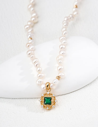 Green Zircon & Natural Pearl Necklace, green zircon necklace, natural pearl necklace, S925 silver pearl jewelry, elegant gemstone necklace, French style jewelry, pearl pendant necklace