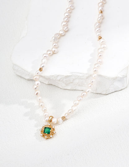Green Zircon & Natural Pearl Necklace, green zircon necklace, natural pearl necklace, S925 silver pearl jewelry, elegant gemstone necklace, French style jewelry, pearl pendant necklace