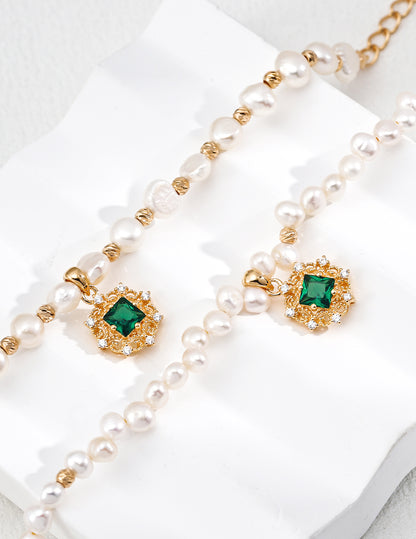 Green Zircon & Natural Pearl Necklace, green zircon necklace, natural pearl necklace, S925 silver pearl jewelry, elegant gemstone necklace, French style jewelry, pearl pendant necklace