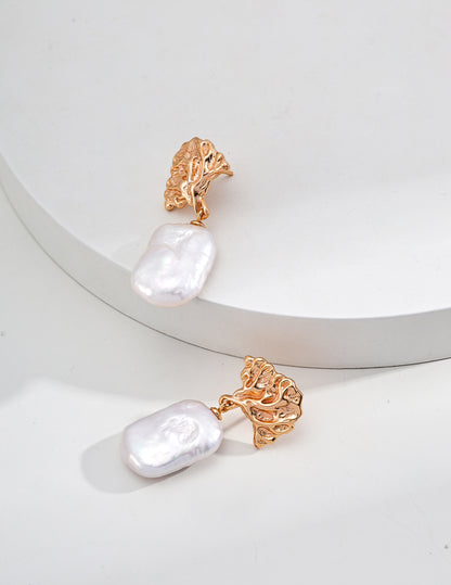 vintage baroque pearl earrings, baroque pearl earrings, leaf shape earrings, vintage pearl earrings, S925 silver pearl jewelry, natural baroque pearl, artistic pearl earrings