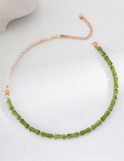 Bamboo-Inspired Pearl Necklace, oriental pearl necklace, bamboo design jewelry, S925 silver pearl necklace, Asian-inspired jewelry, minimalist pearl pendant, natural pearl necklace