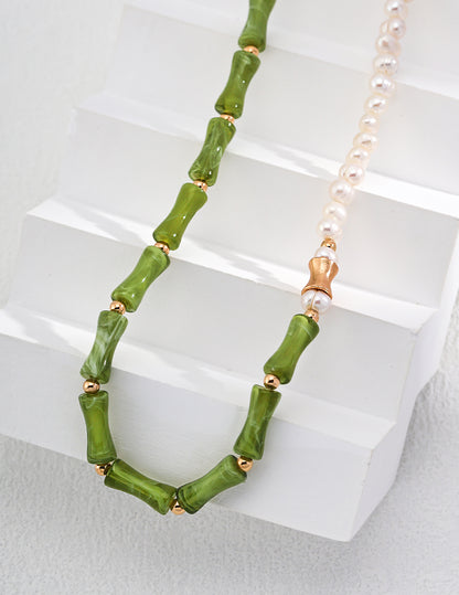 Bamboo-Inspired Pearl Necklace, oriental pearl necklace, bamboo design jewelry, S925 silver pearl necklace, Asian-inspired jewelry, minimalist pearl pendant, natural pearl necklace