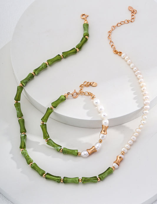 S925 Silver Bamboo-Inspired Pearl Necklace – Oriental Elegance