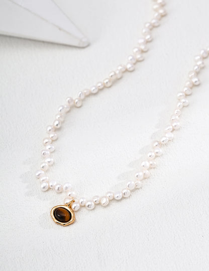 Natural Pearl & Tiger’s Eye Gemstones Necklace, tiger’s eye necklace, natural pearl necklace, gemstone necklace S925, vintage gemstone jewelry, tiger eye pearl jewelry, protective stone necklace